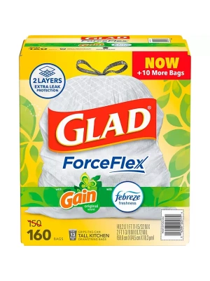 Glad ForceFlex 13-Gallon Kitchen Trash Bags, Gain Original Scent + Febreze, 160 ct.