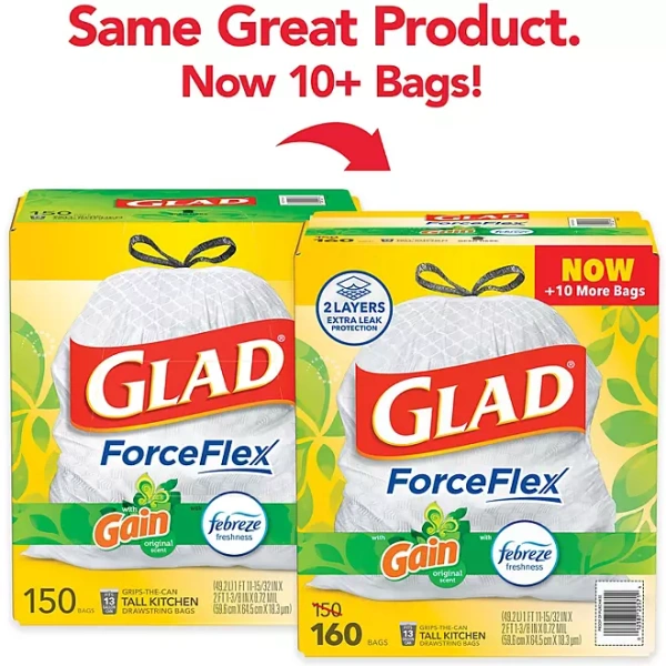 Glad ForceFlex 13-Gallon Kitchen Trash Bags, Gain Original Scent + Febreze, 160 ct.