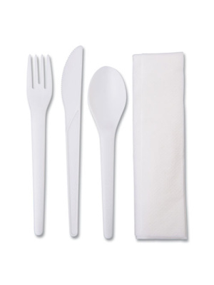 Plantware Compostable Cutlery Kit, Knife/Fork/Spoon/Napkin, 6", Pearl White, 250 Kits/Carton